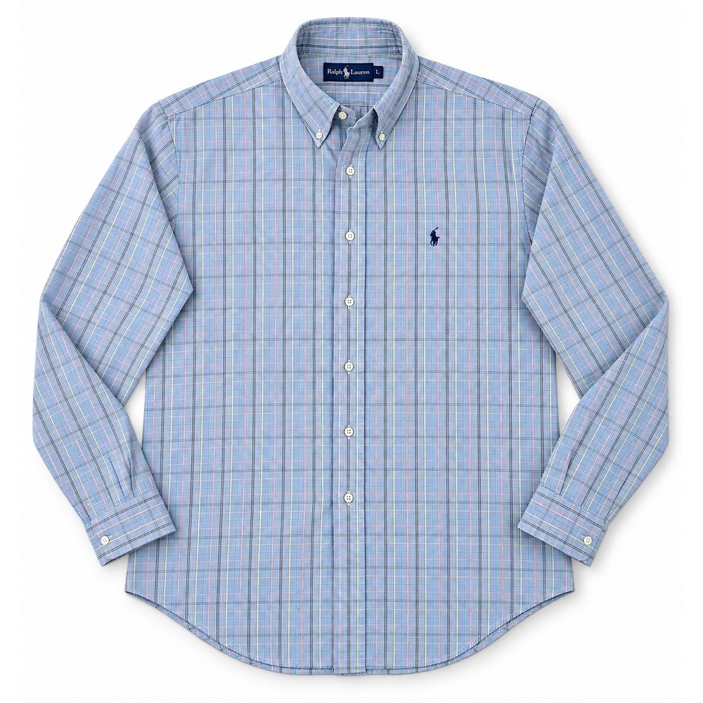 Ralph Lauren Blake Mens Large Blue Plaid Button Down Shirt 100% Two-Ply Cotton